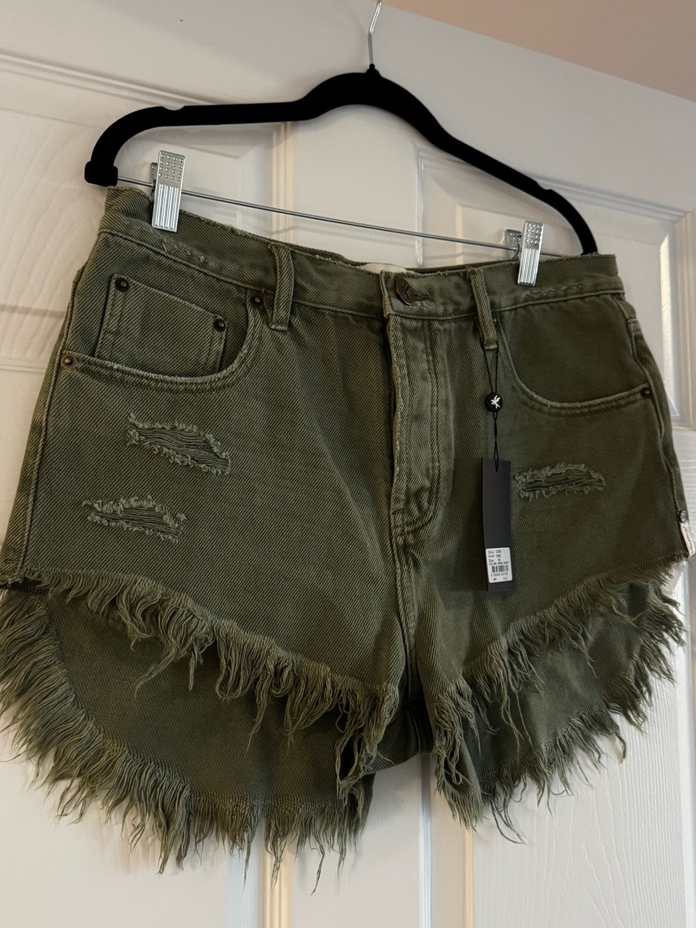 One Teaspoon Olive Green Distressed Frayed Hem Jean Shorts